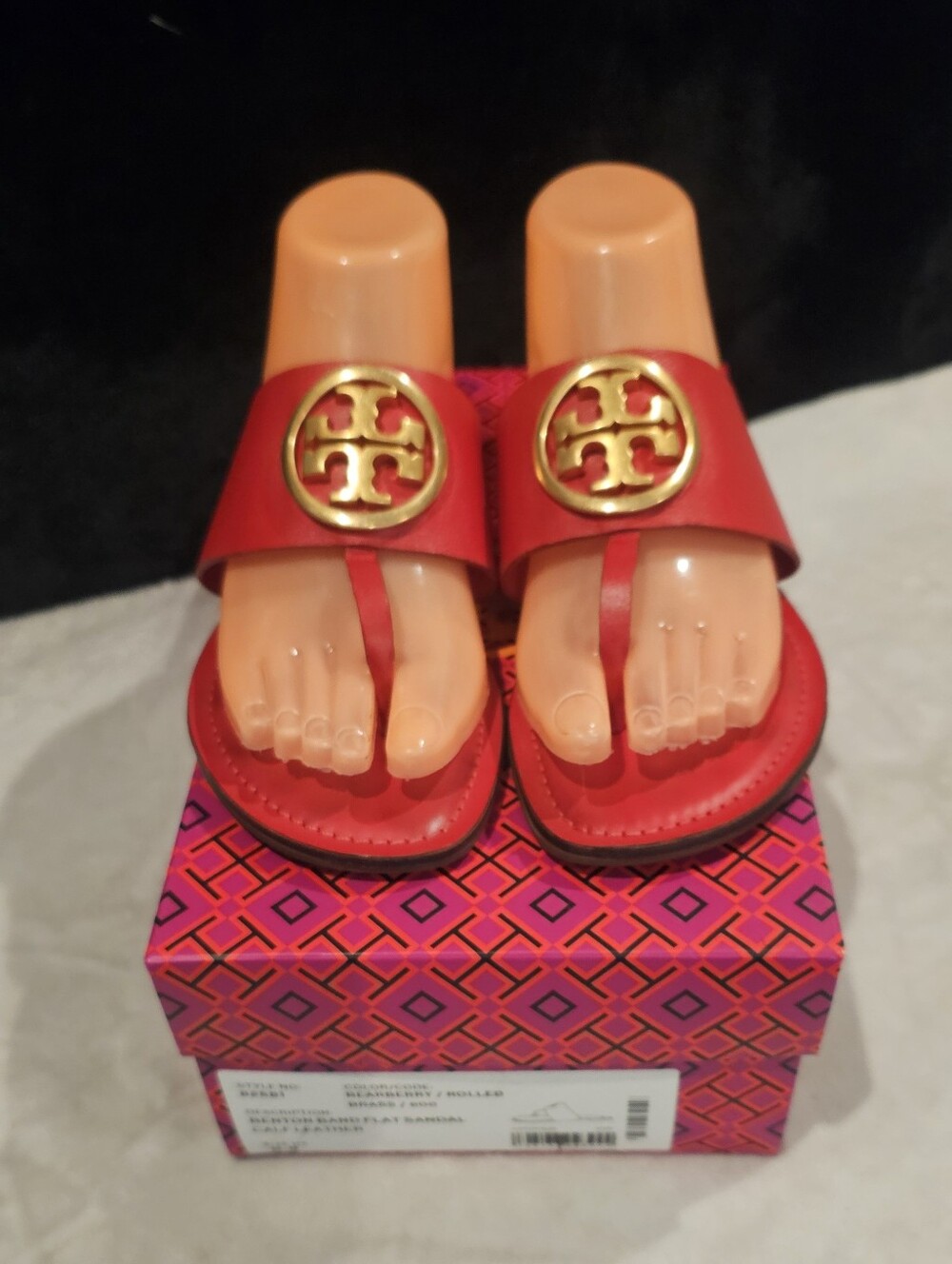 Tory Burch Red Leather Logo Slide Sandals with Gold Medallion- Size 8.5